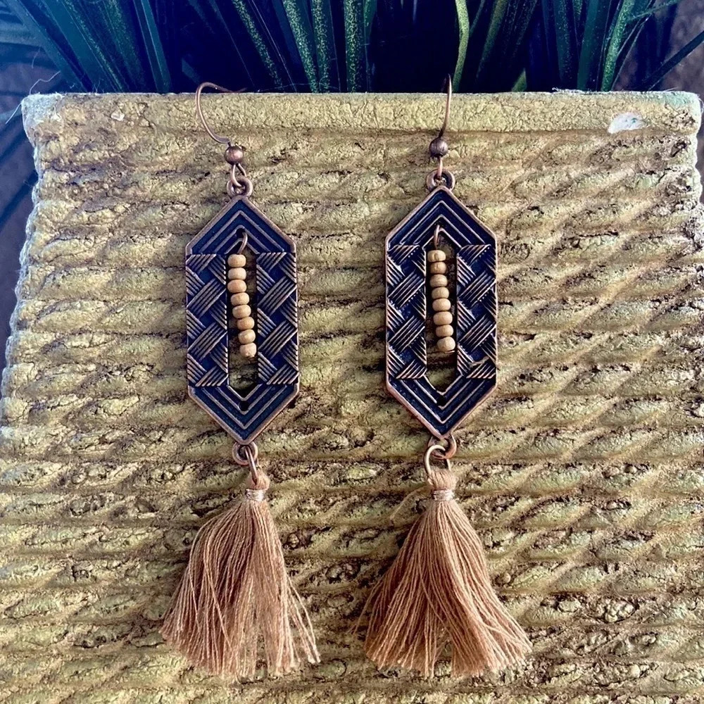 New neutral tone earrings tassel wood bead bronze earth girl earthy fall metal